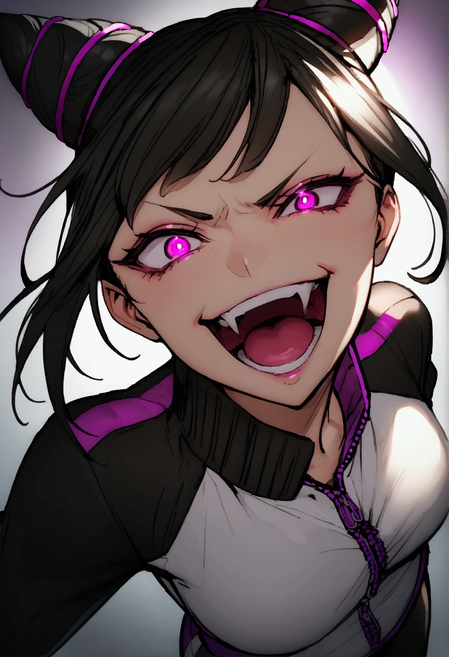 dark eye shadow,shining eyes,beautiful young fitness woman with , in a gym wearing May with black pantyhose, white and black gym jacket. standing alone,hair horns,glowing purple eyes,Evil smile,legging preto ,labiaa,dark eye shadow,shining eyes,close up,open mouth with big evil smile