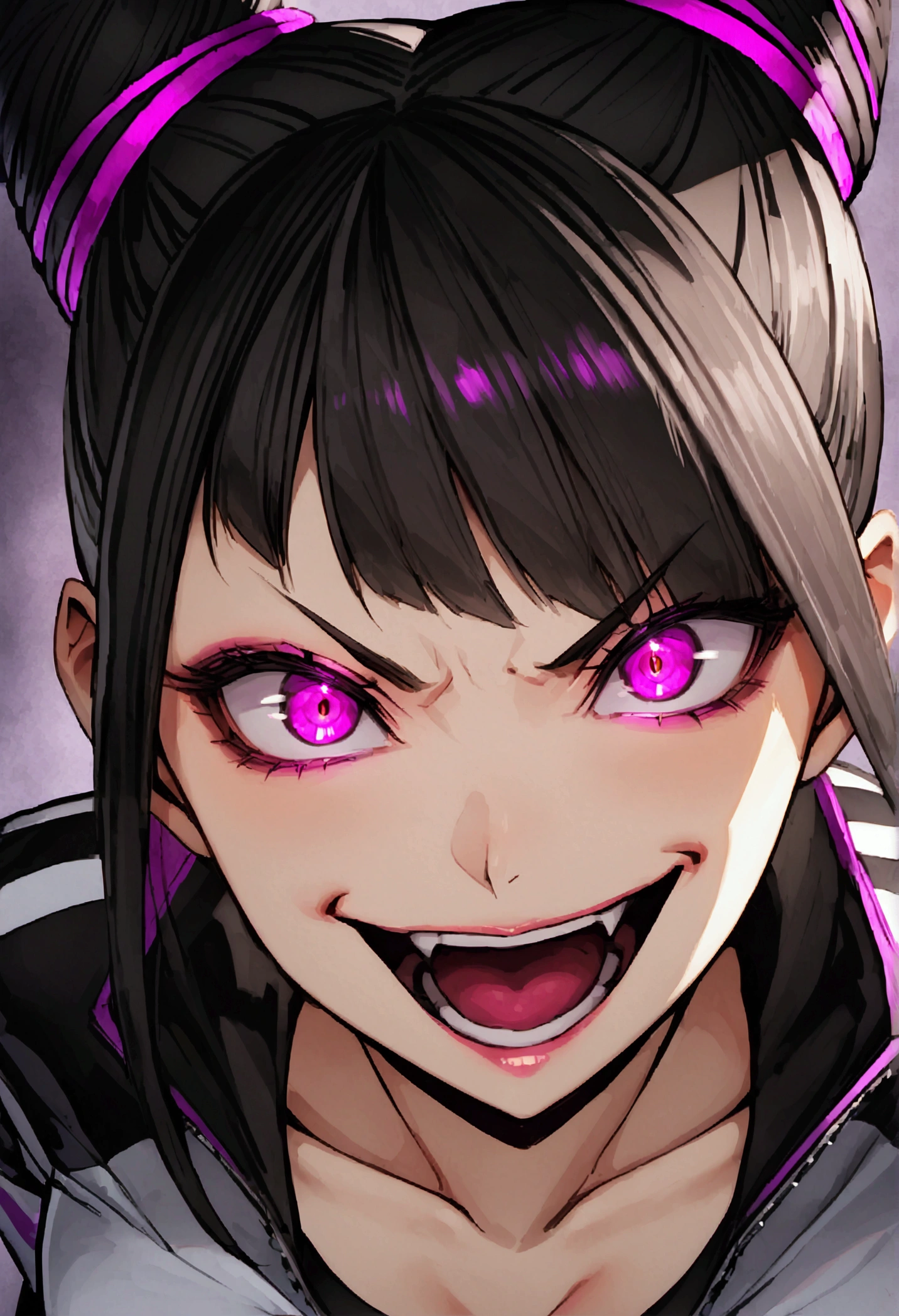 dark eye shadow,shining eyes,beautiful young fitness woman with , in a gym wearing May with black pantyhose, white and black gym jacket. standing alone,hair horns,glowing purple eyes,Evil smile,legging preto ,labiaa,dark eye shadow,shining eyes,close up,open mouth with big evil smile