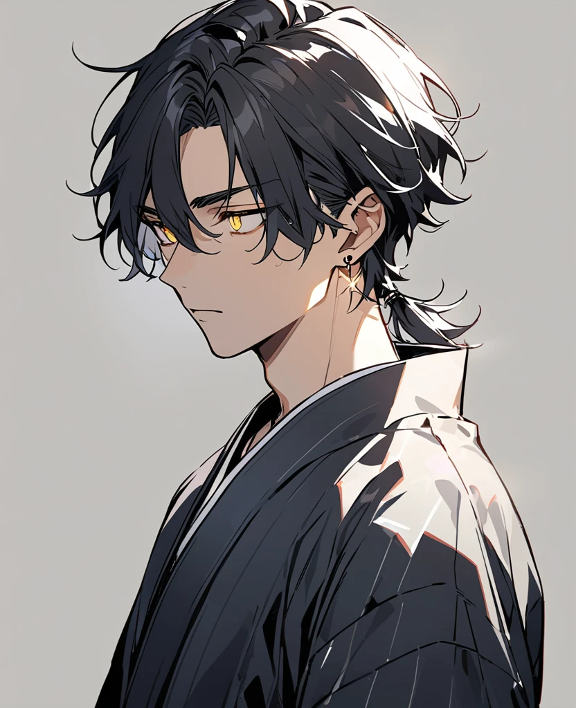 handsome, solo, 1 male, simple background, (((black short cut hair))), low short ponytail,sparkling yellow eyes,simple black earrings,Expressionless,sunburn,upper body,wearing Japanese traditional clothing Jinbei,wearing black Jinbei