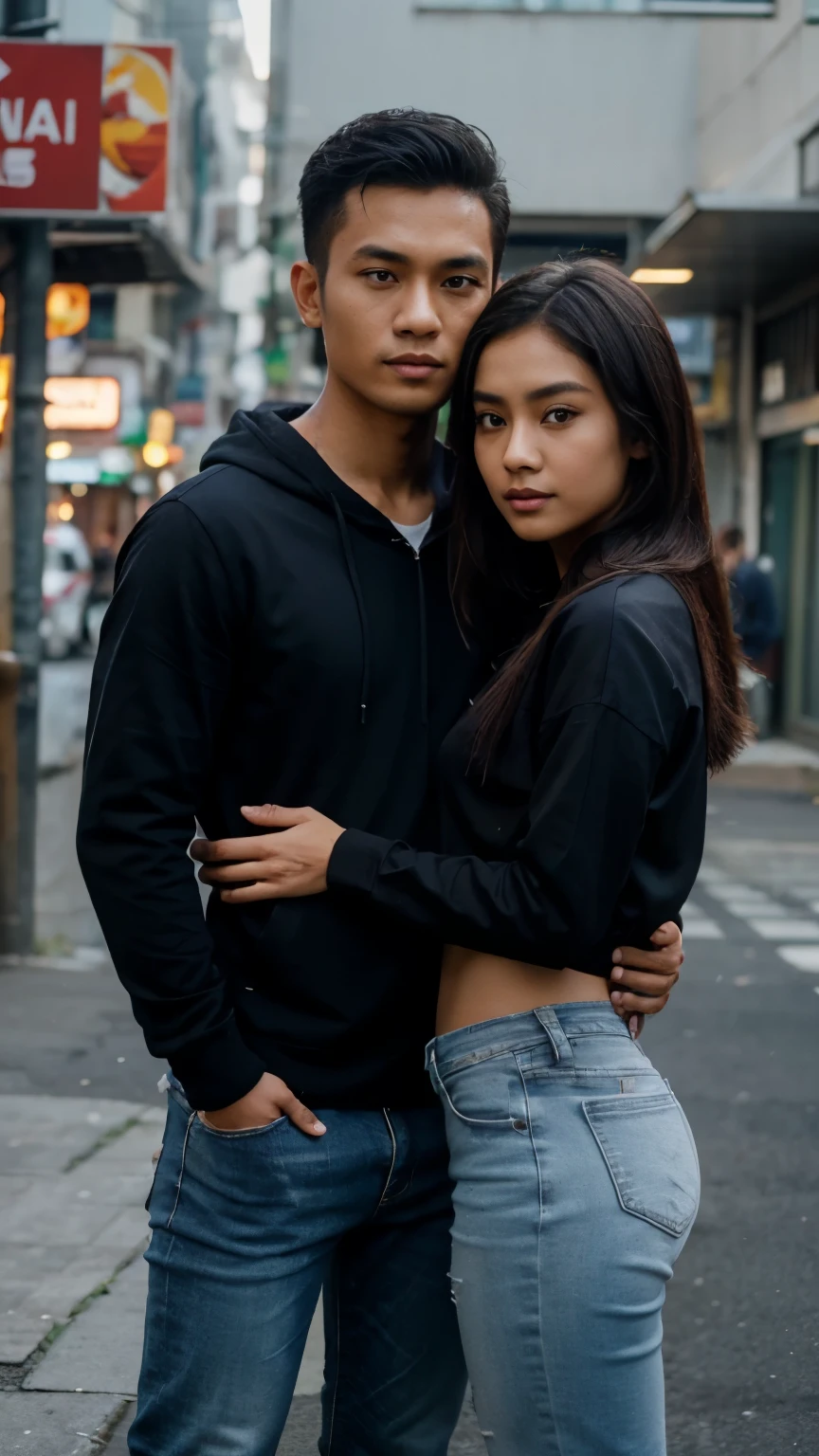 Candid photo of a 30 year old indonesian man, kinda fat muscle, nature skin, very short hair, wearing a HnM and cap, and a girl 25 years old with black long hair wearing crop top, in the sidewalk, with buildings background, in the afternoon, photography