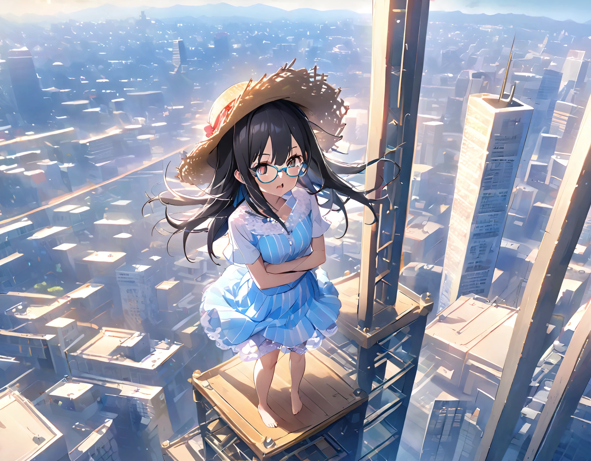 White and light blue striped shirt、Light blue long flared skirt、The wind blows and my skirt flips up、Showing off cute white lace underwear、barefoot、Long Black Hair、Glasses、Straw hat、Standing at the top of a very tall tower