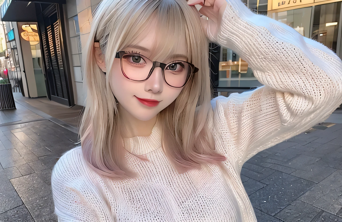highest quality, shape, Very detailed, finely, High resolution, 8k wallpaper,, finelyて美しい目, Wearing a pale pink knit,Medium Hair,Natural color lip, smile、cute、Blonde、The background is the city、Upper Body、Long legs、Wearing glasses、22 years old