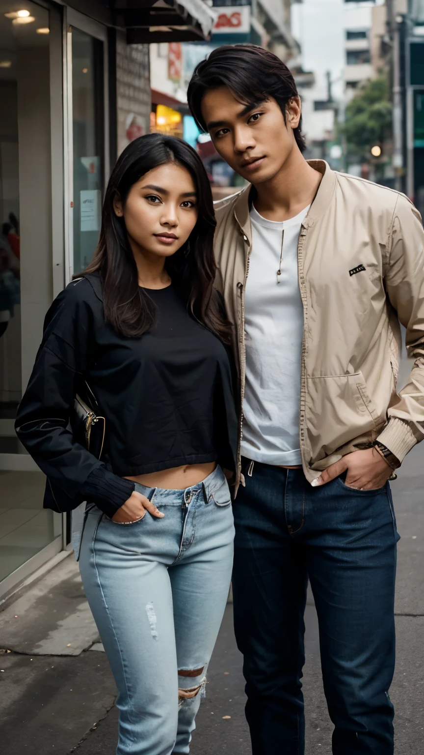 an Indonesian man and an Indonesian woman standing next to each other, an image, inspired by Adam Dario Keel, which is trending in the cg community, handsome young Indonesian man, Hoddie jacket, jeans with a beautiful young Indonesian woman, colour blouse, jeans black skinny, movie screencap, model elisajes from acquamodels