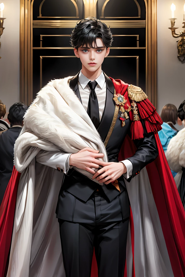 masterpiece, 最high quality, high quality, 1 boy, alone, Male focus, Watching the audience, Messy black hair, Adorable big blue eyes, White, Noble, Noble,A sexy, voluminous, puffy cape、tuxedo、A very voluminous, large, very large, very large, long, long red and black cape with a high stand-up collar, made of a lot of fabric that reaches down to the floor., ,Cute beautiful boys,Cute, cute, kind, handsome guy