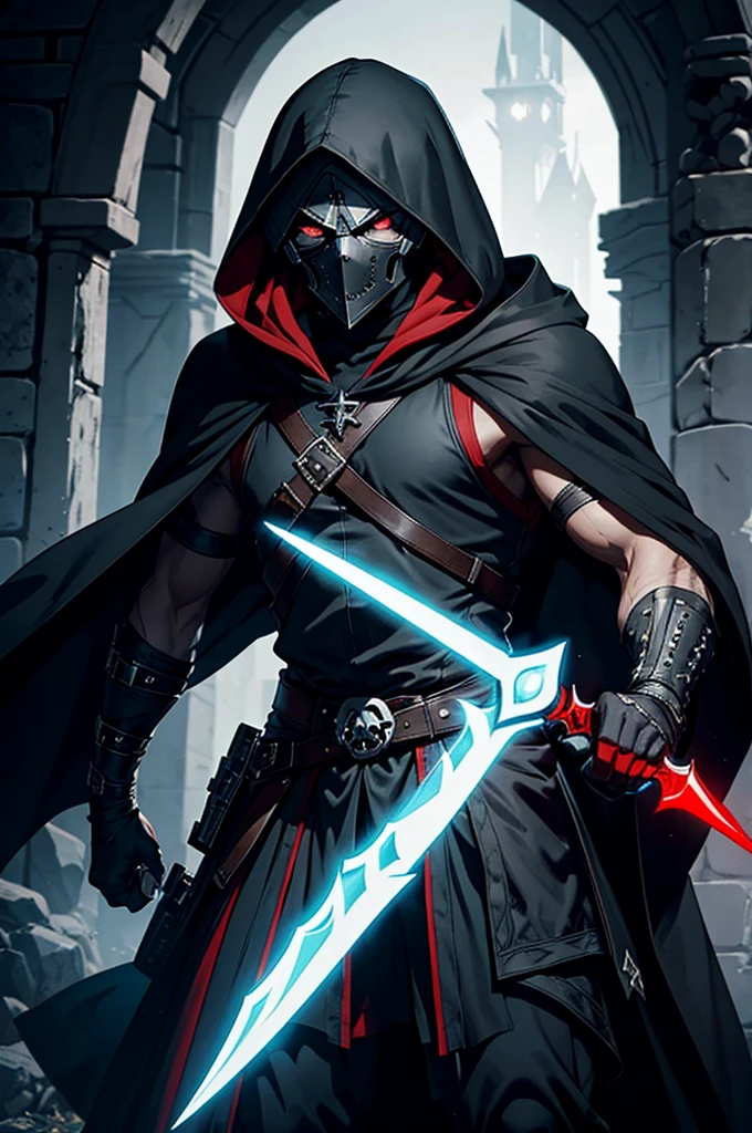 An assassin, male, fantasy character, physically strong, wearing a skull mask covering his face and eyes, dressed in black medieval attire, with a white hooded cloak over it, gray hair, short hair, red eyes, holding a dagger, nighttime background.