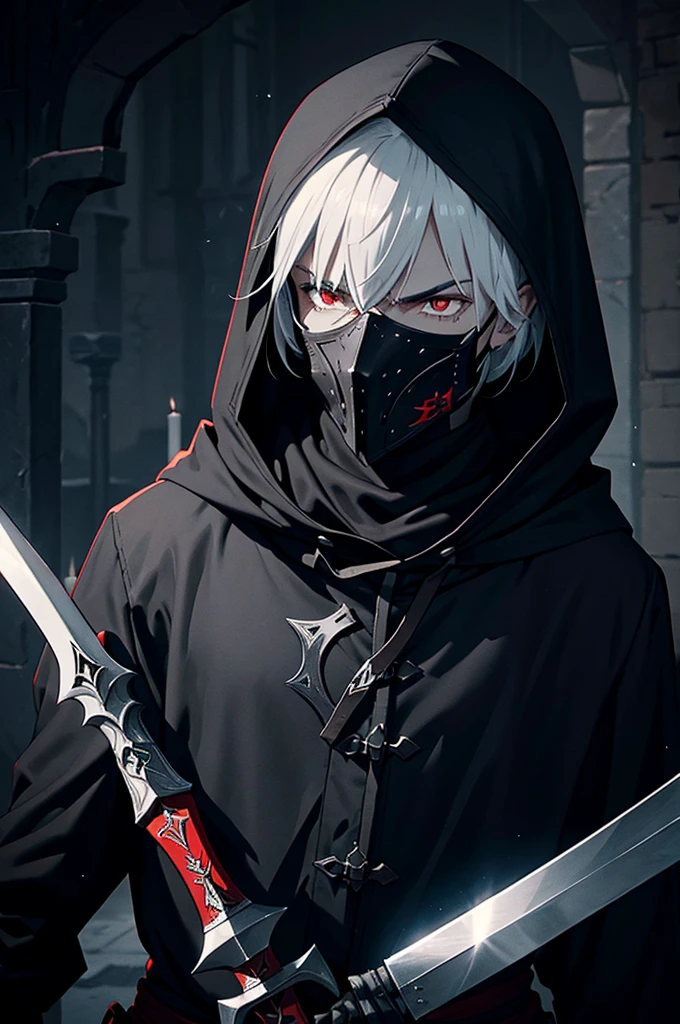 An assassin, male, fantasy character, physically strong, wearing a skull mask covering his face and eyes, dressed in black medieval attire, with a white hooded cloak over it, gray hair, short hair, red eyes, holding a dagger, nighttime background.