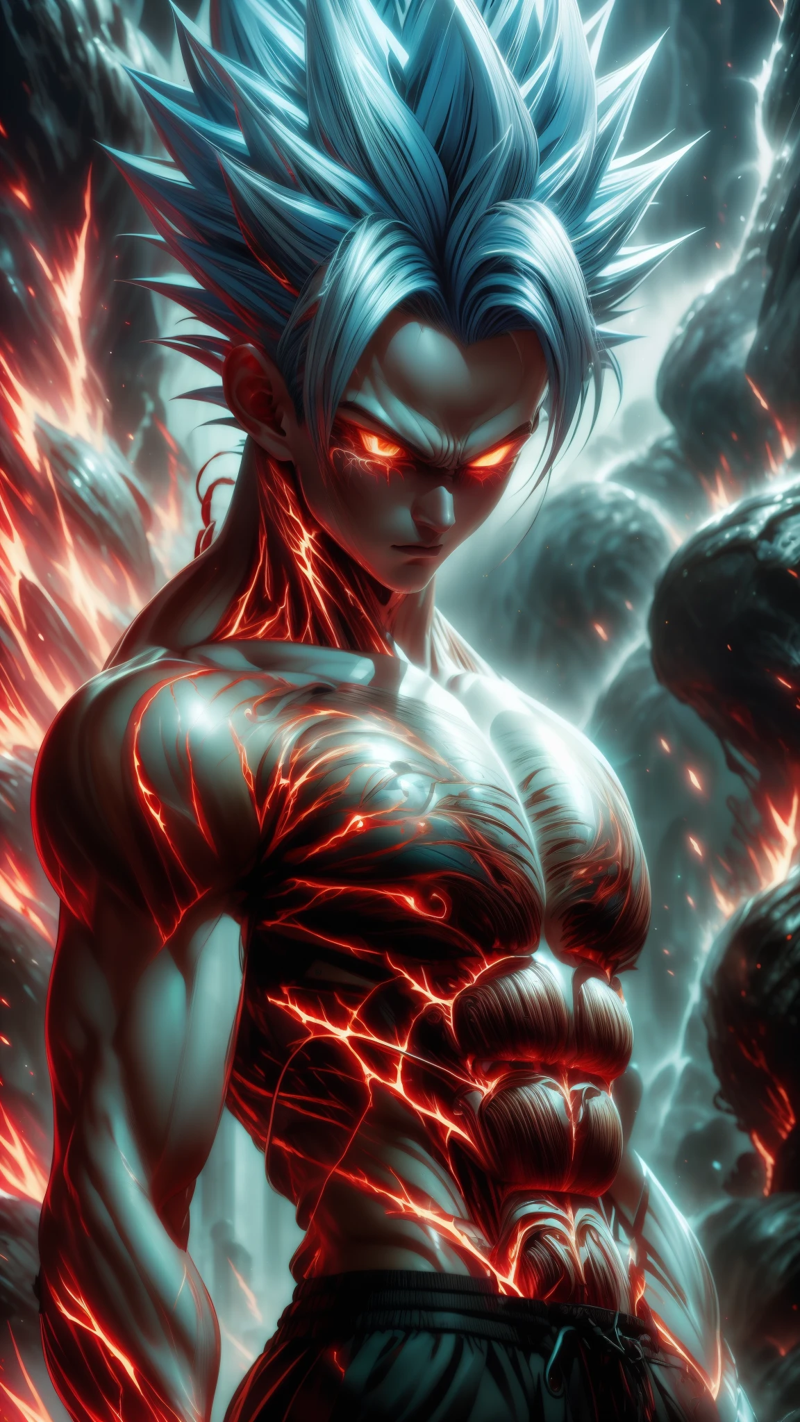 (Aesthetics, Hi-Res: 1.2), Get ready for a visual feast with 20 year old Vegeta, solo, brilliant blue hair and tattoos, a creature with a handsome face and piercing golden eyes . In his transformed state, he radiates extreme instinct and power, creating an epic animation of this energetic man. fire and lava in stunning anime artwork that will leave you in awe. This concept art comes straight from the Bleach Universe, with manga-style 8k wallpapers that will transport you to another dimension. Prepare to be amazed by this detailed work of digital anime art, representing the ultimate combination of style and power.