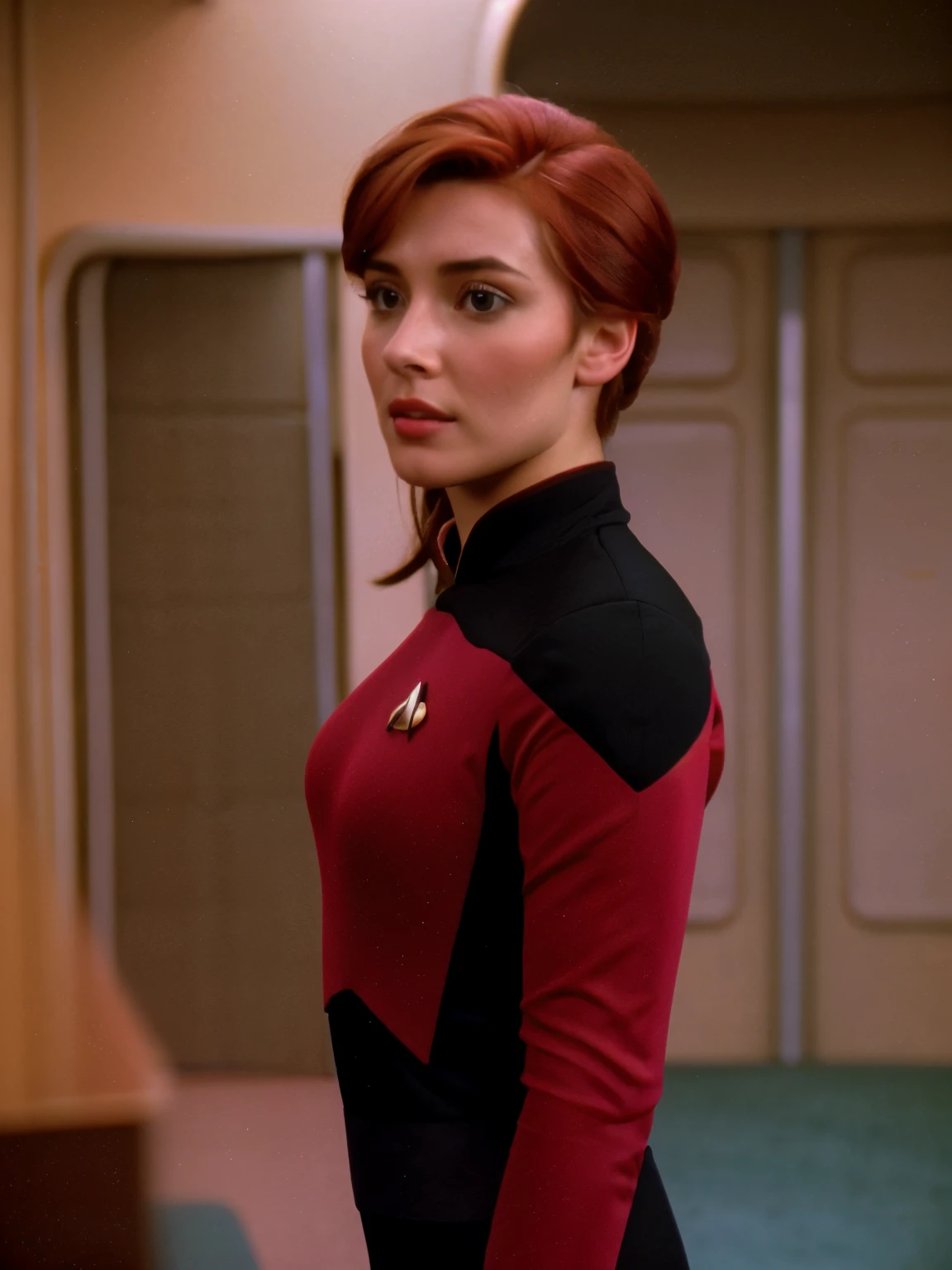 a photo of pretty  hayl3y-001 (s3stngunf red uniform:1.2),black pants, long sleeves, photo realistic, looking at viewer, (head and shoulders closeup:1.2). bridge of the enterprise. . fcHeatPortrait