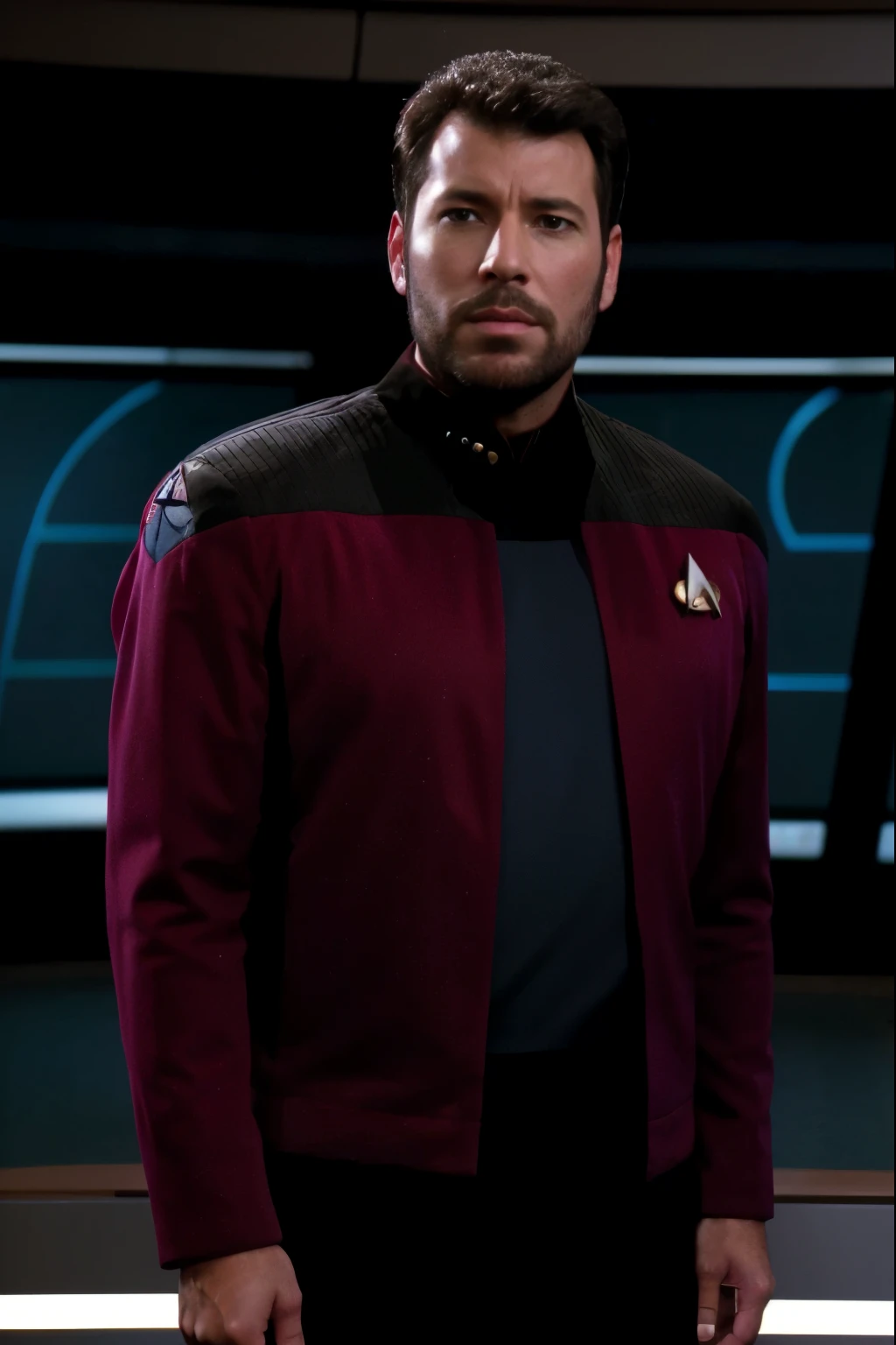 arafed man in a red jacket standing in front of a screen, commander riker, in full starfleet uniform, in starfleet uniform, starfleet uniform, wearing a red captain's uniform, starfleet uniforms, as a starfleet officer, from star trek 2021, rendred in redshift, picard on a starboard, the orville