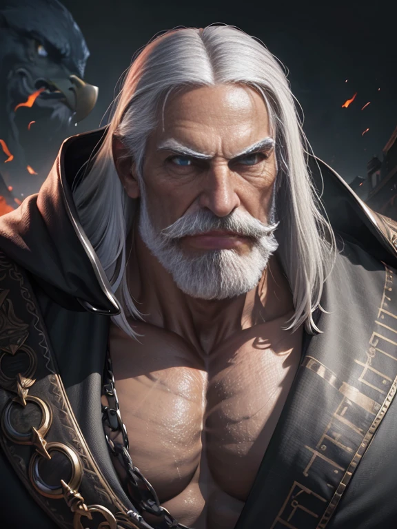 (evil man:1.1, sexy, strong, very gigantic, monumental, colossal:1.1, growing, bigger than the universe, blue eyes, wrinkles, veins, long gray hair, thick gray moustache, full gray beard, crushing planets with his muscles, swallowing planets whole), oil painting, detailed facial features, intense gaze, muscular build, rugged appearance, dark and sinister atmosphere, fiery red color palette, dramatic lighting, Long gray hair, bushy gray eyebrows, black skin, dark olive skin color, blue eyes, nose with pronounced bridge and outward curve that protrudes from the base of the nose, oiled skin, absurdly huge nose, hawk nose, big old man nose, convex nose, well groomed moustache, (80 years old daddy), enormous nose, eagle like nose, veins, sharp well groomed beard
