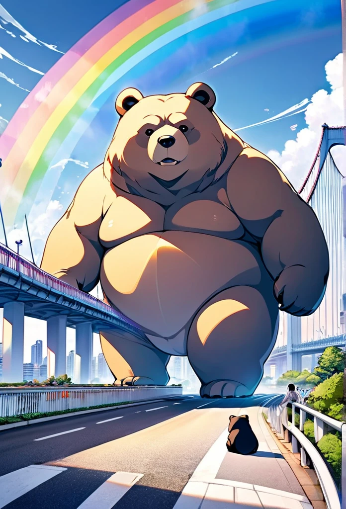 Plump giant bear hybrid, They are causing a lot of trouble by sitting on the road under Rainbow Bridge in Odaiba., Big bridge background, Small model, The bear is bigger than the city, Fantasy art, 2.5D, delicate and dynamic, Cute rough pastel effect