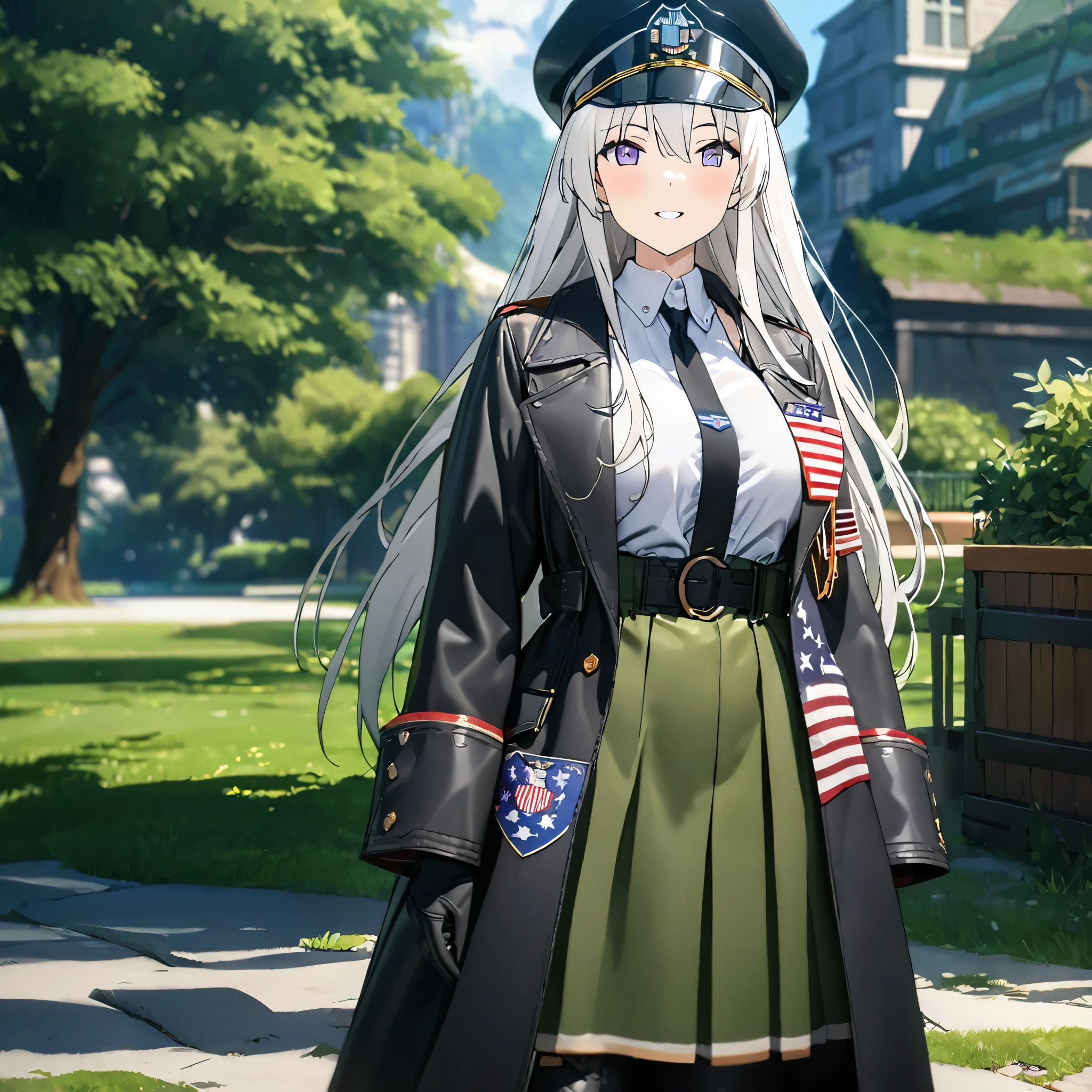 A woman wearing a white shirt, coat of arms of the United States on the shirt, wearing a hat with fabric of the United States flag, wearing a moss green skirt, black leather boots, holding a black metal bow, white hair, long hair, purple eyes , smiling, big breasts, on an open lawn with trees in the background, daytime location, UHD , masterpiece , accurate , anatomically correct , textured skin , super details , high quality , best quality, 8k, high resolution, bokeh effect.