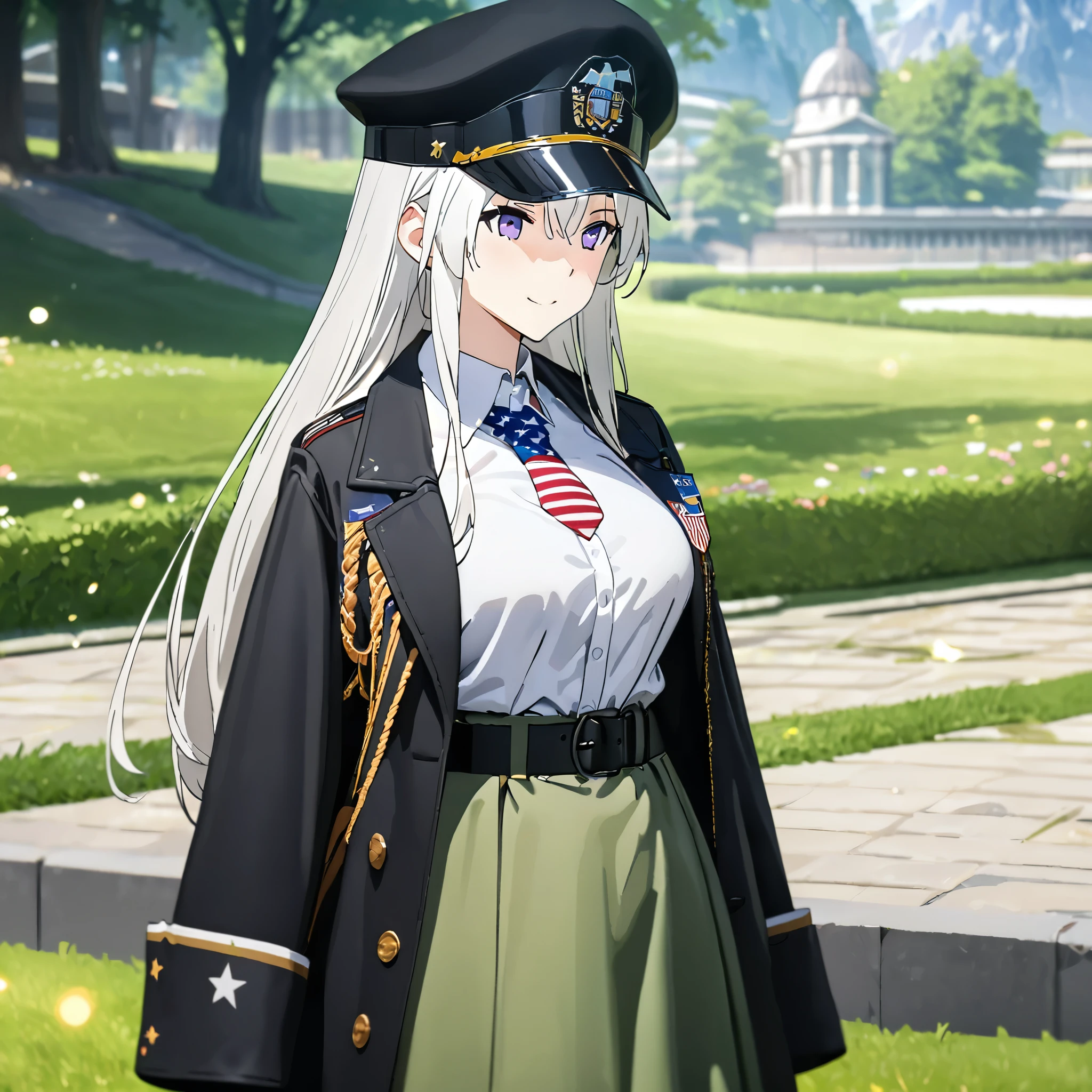 A woman wearing a white shirt, coat of arms of the United States on the shirt, wearing a hat with fabric of the United States flag, wearing a moss green skirt, black leather boots, holding a black metal bow, white hair, long hair, purple eyes , smiling, big breasts, on an open lawn with trees in the background, daytime location, UHD , masterpiece , accurate , anatomically correct , textured skin , super details , high quality , best quality, 8k, high resolution, bokeh effect.
