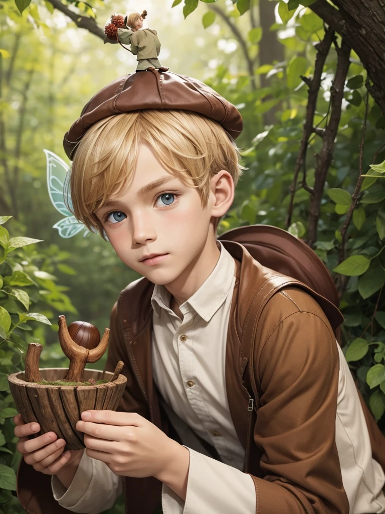 A fairy boy, with brown clothes, short blonde hair, with transparent handle, with a chestnut hat on his head