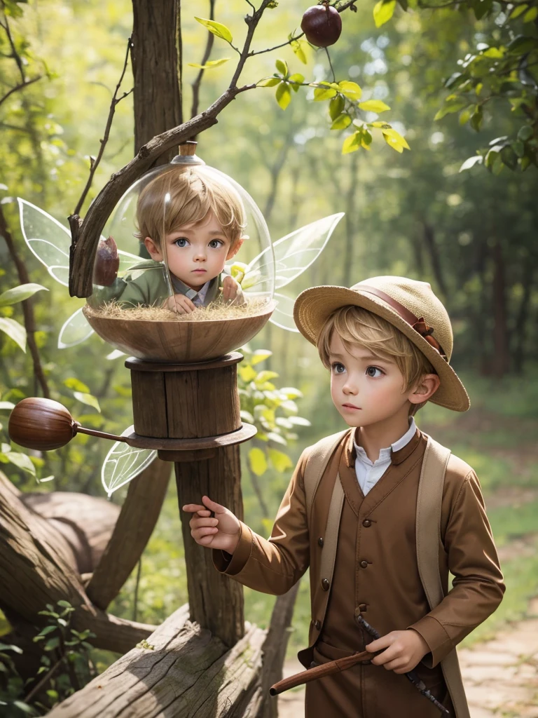 A fairy boy, with brown clothes, short blonde hair, with transparent handle, with a chestnut hat on his head 