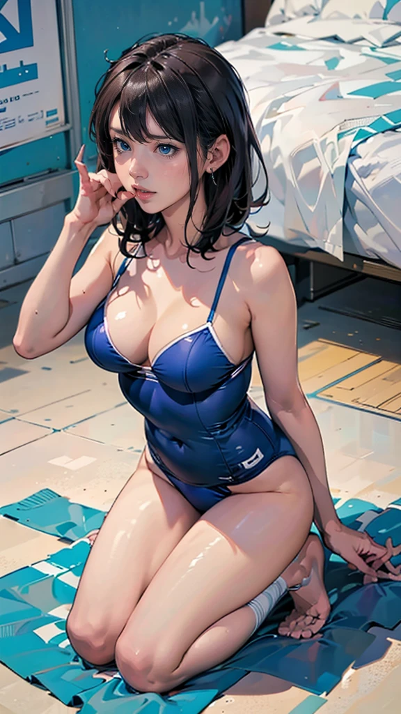 Kneeling in a blue bikini and with her mouth open about to eat a long sandwich