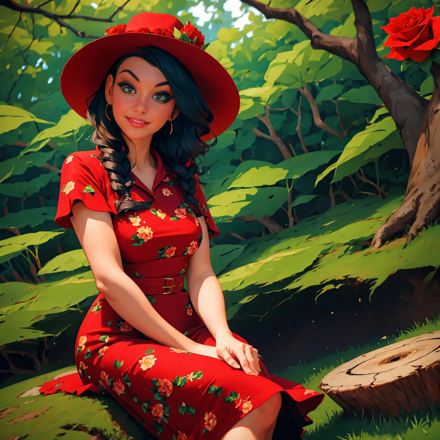 woman sitting on a tree stump wearing a dress and hat, pinup style, rockabilly style, romantic dress, dressed in a flower dress, red rose in hair, by Zofia Stryjenska, red floral dress, red dress and hat, rockabilly, by Silvia Pelissero, floral couture, black and red dress, dressed like in the 1940s
