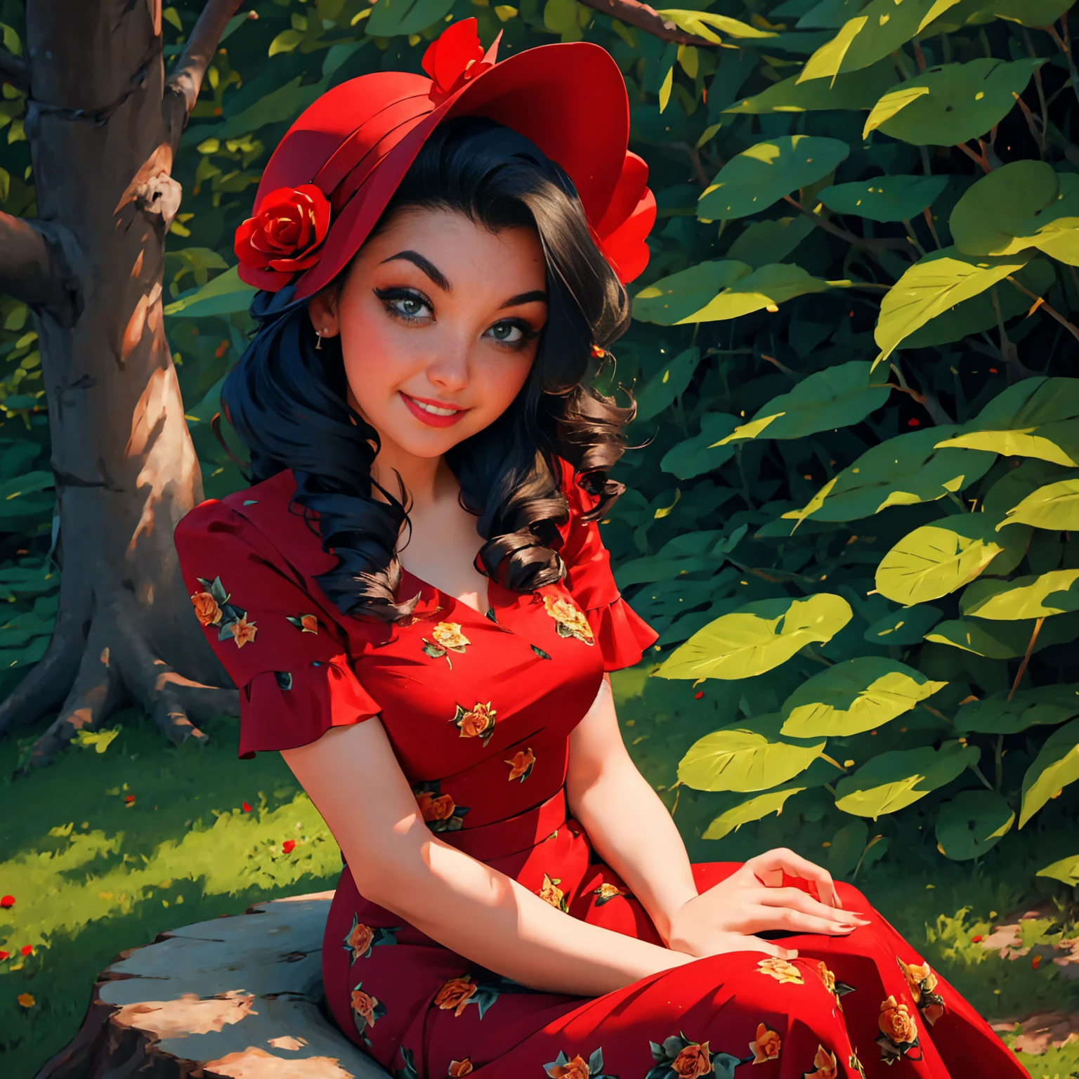 woman sitting on a tree stump wearing a dress and hat, pinup style, rockabilly style, romantic dress, dressed in a flower dress, red rose in hair, by Zofia Stryjenska, red floral dress, red dress and hat, rockabilly, by Silvia Pelissero, floral couture, black and red dress, dressed like in the 1940s