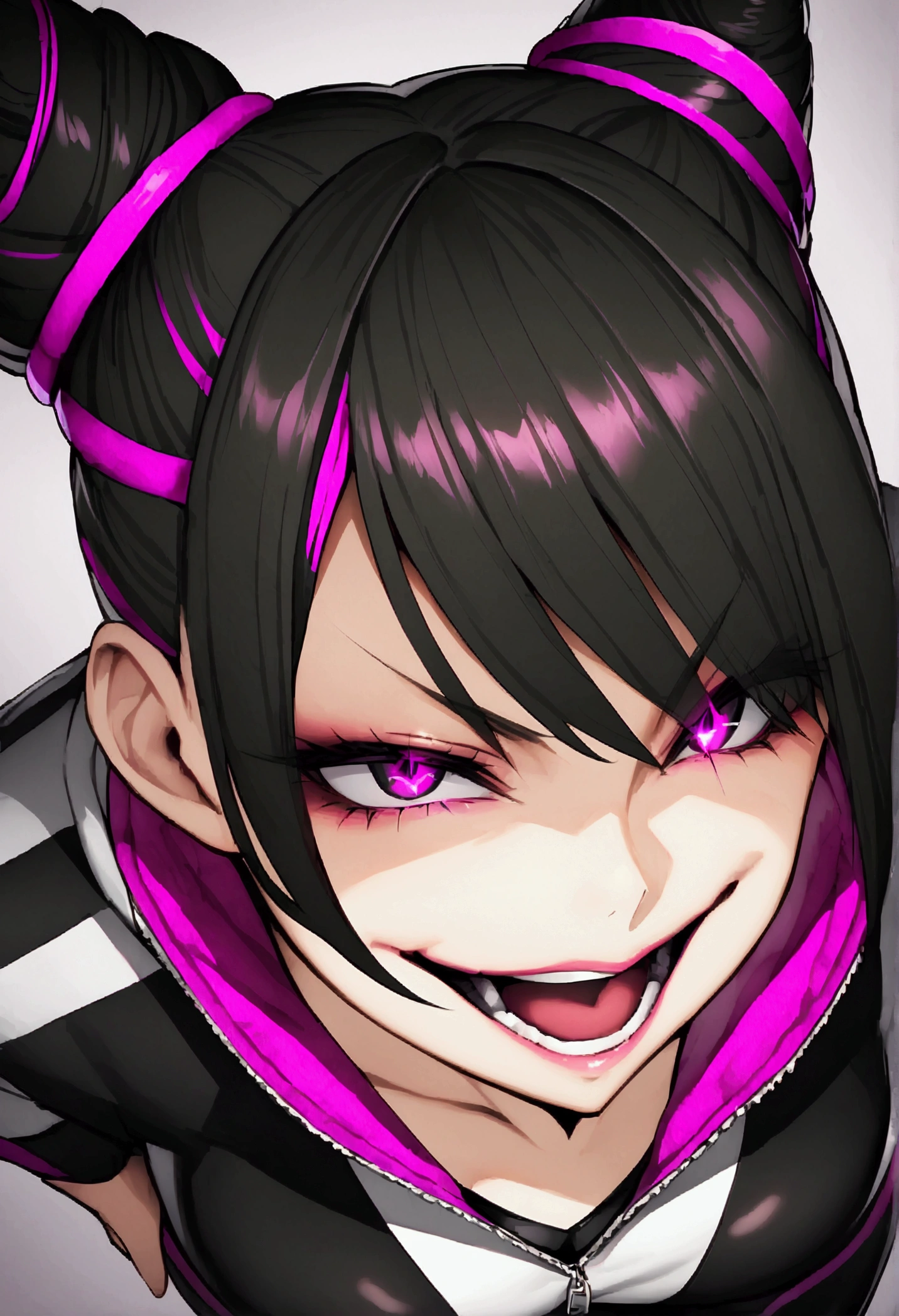 dark eye shadow,shining eyes,beautiful young fitness woman with , in a gym wearing May with black pantyhose, white and black gym jacket. standing alone,hair horns,glowing purple eyes,Evil smile,legging preto ,labiaa,dark eye shadow,shining eyes,close up,open mouth with big evil smile
