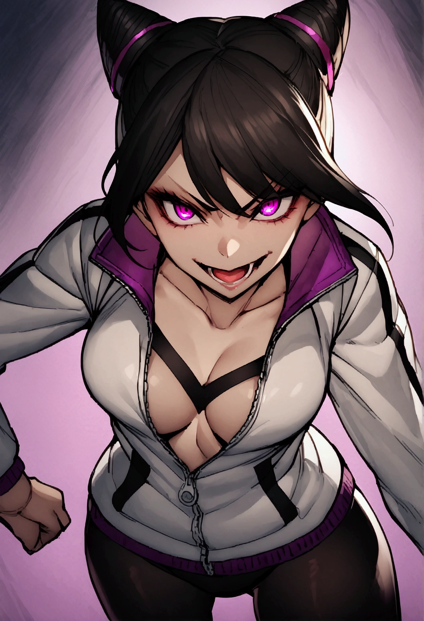 dark eye shadow,shining eyes,beautiful young fitness woman with , in a gym wearing May with black pantyhose, white and black gym jacket. standing alone,hair horns,glowing purple eyes,Evil smile,legging preto ,labiaa,dark eye shadow,shining eyes,close up,open mouth with big evil smile