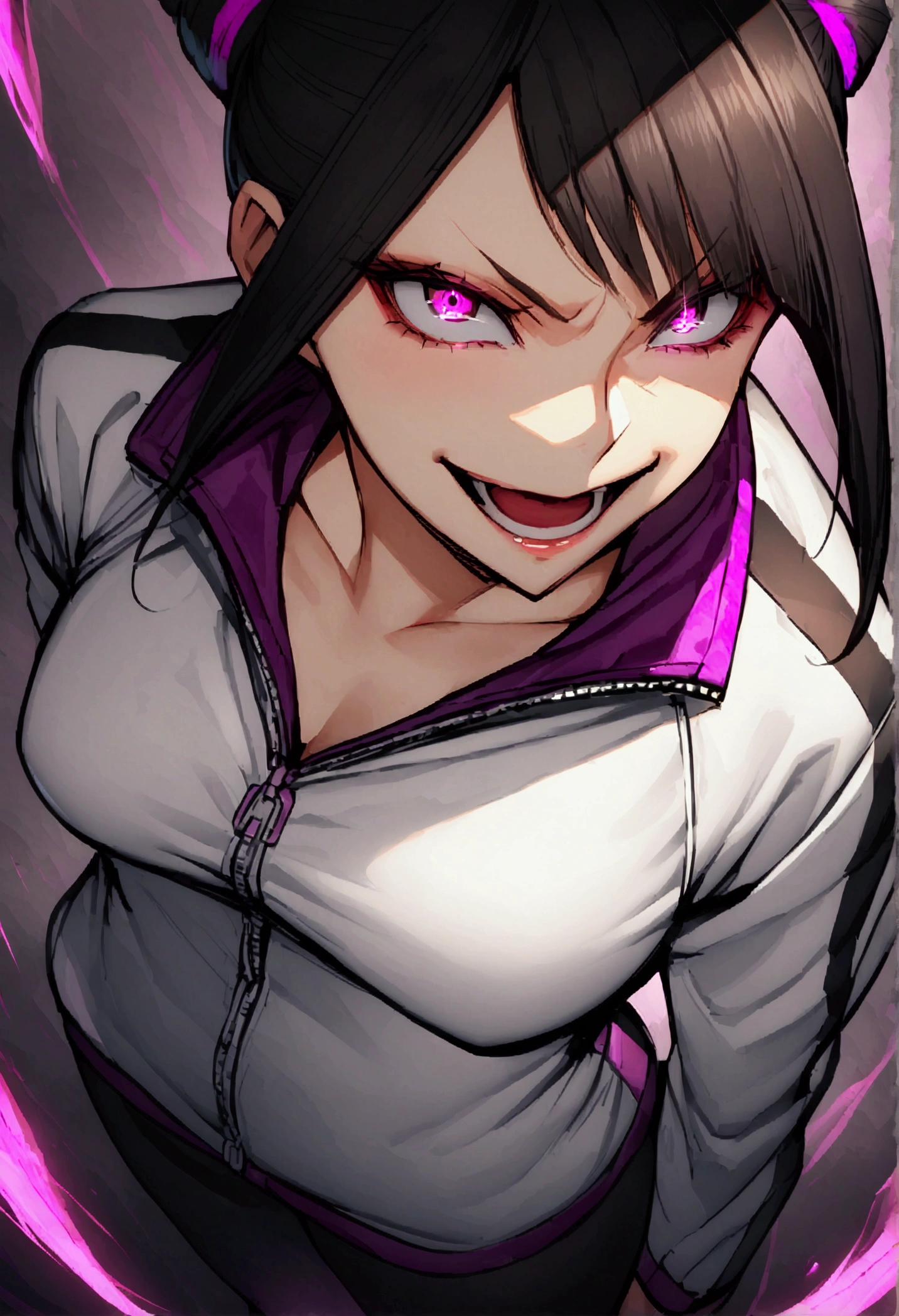 dark eye shadow,shining eyes,beautiful young fitness woman with , in a gym wearing May with black pantyhose, white and black gym jacket. standing alone,hair horns,glowing purple eyes,Evil smile,legging preto ,labiaa,dark eye shadow,shining eyes,close up,open mouth with big evil smile