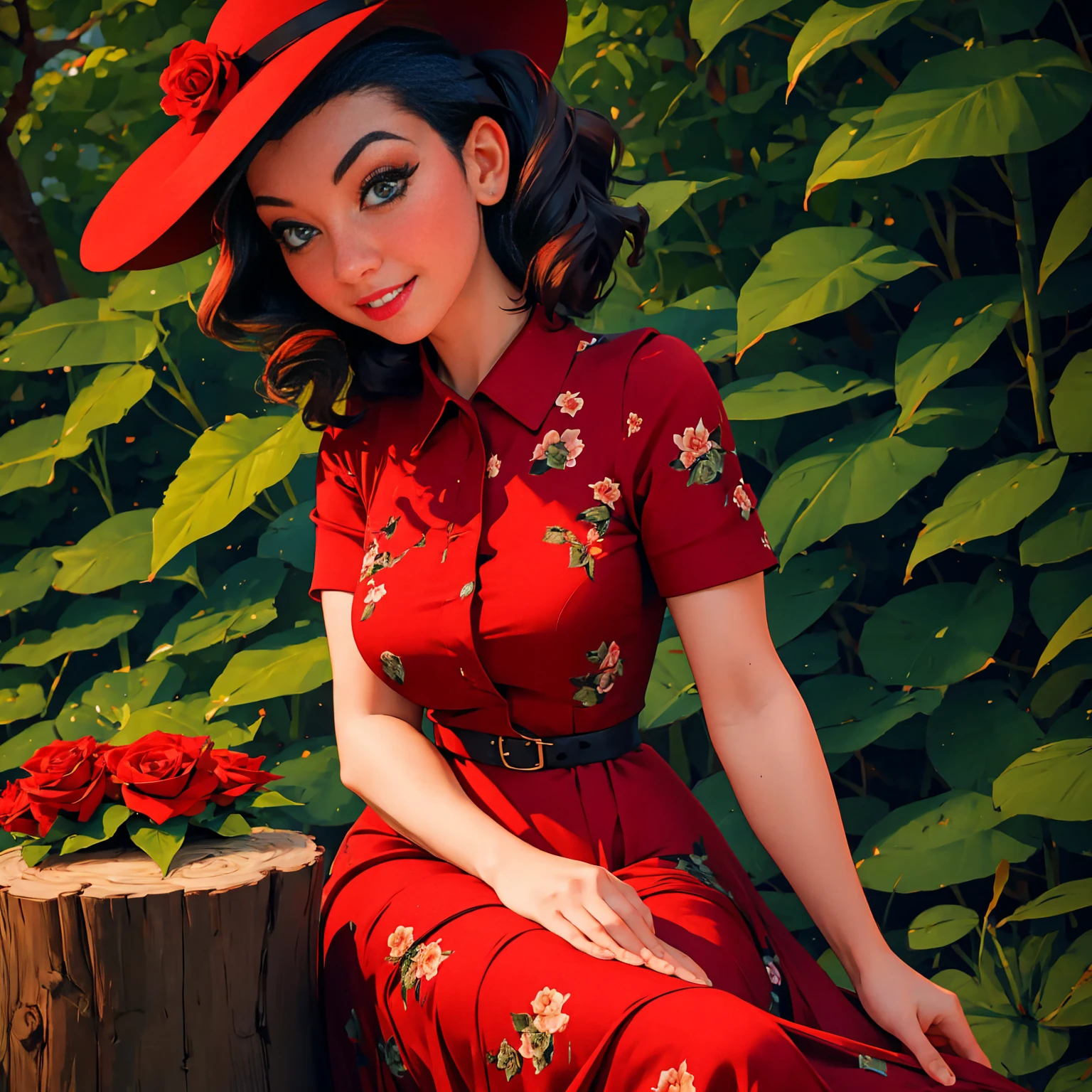 woman sitting on a tree stump wearing a dress and hat, pinup style, rockabilly style, romantic dress, dressed in a flower dress, red rose in hair, by Zofia Stryjenska, red floral dress, red dress and hat, rockabilly, by Silvia Pelissero, floral couture, black and red dress, dressed like in the 1940s