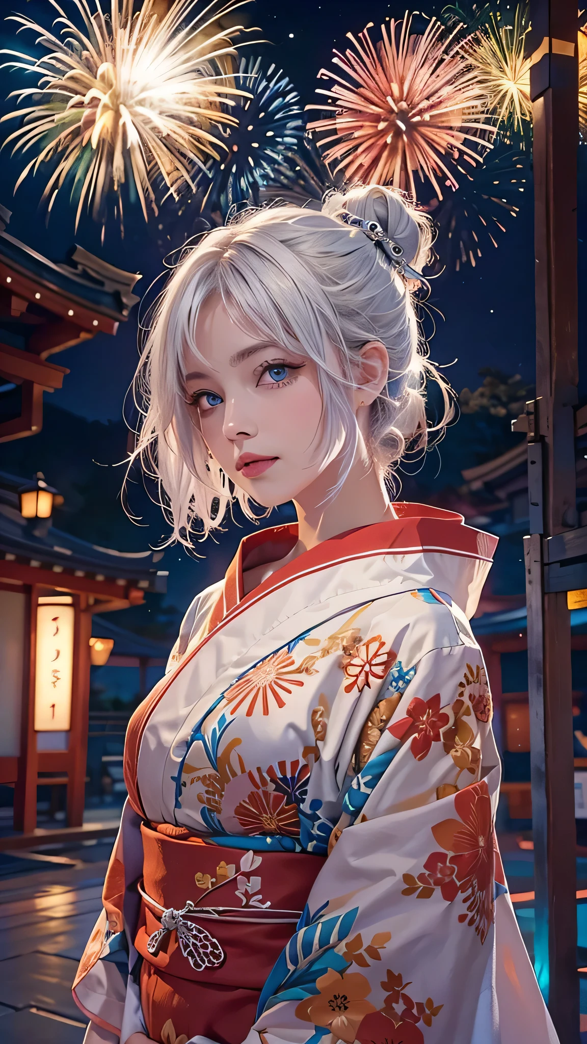 8k,Realistic,Beautiful single woman，White Gold Hair，Blue Eyes，Summer Nights in Japan，Fantastic Fireworks at Miyajima，Traditional Japan yukata，The theme color is red,Angle from below