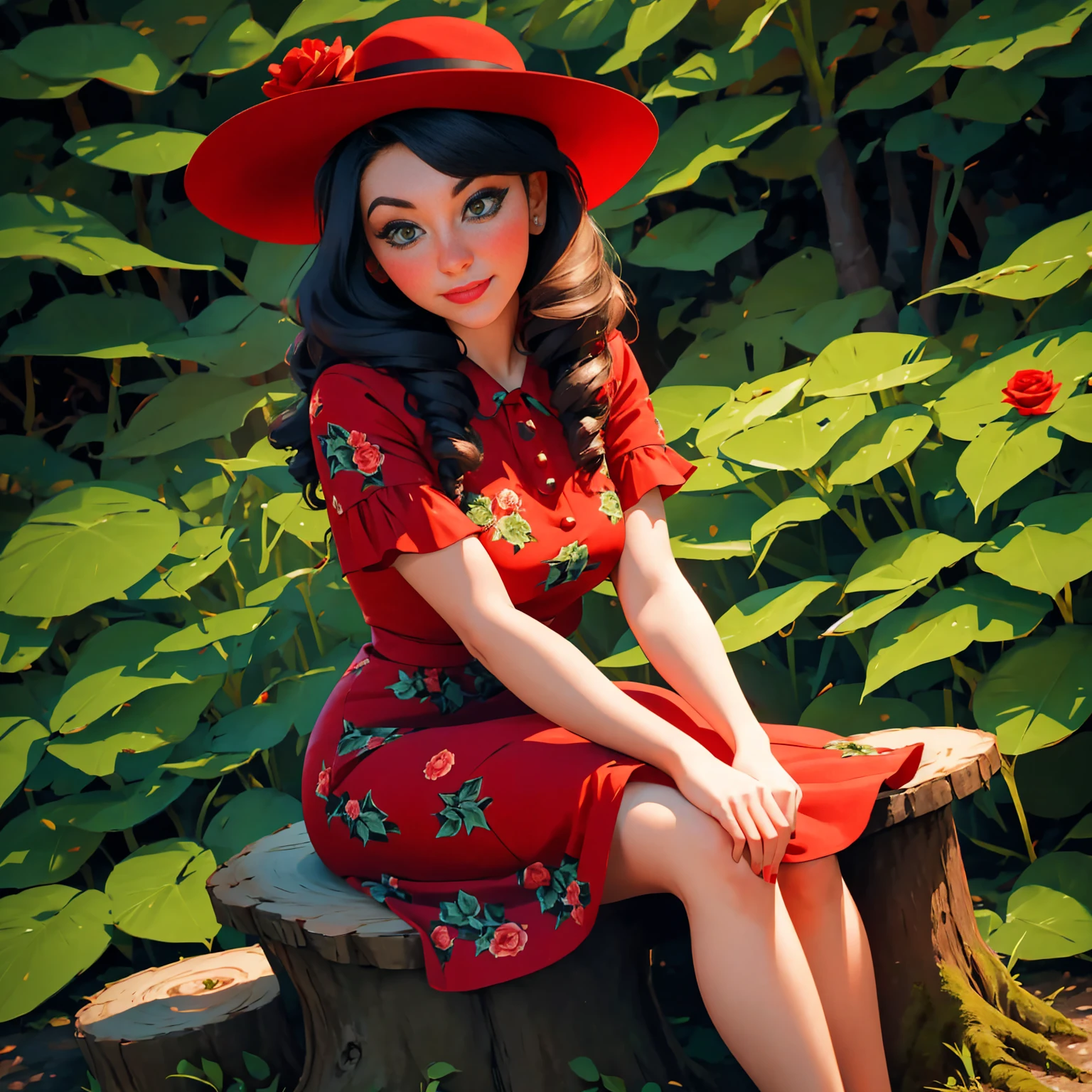woman sitting on a tree stump wearing a dress and hat, a portrait by Zofia Stryjenska, tumblr, renaissance, pinup style, rockabilly style, romantic dress, dressed in a flower dress, red rose in hair, red floral dress, red dress and hat, rockabilly, floral couture, black and red dress, dressed like in the 1940s