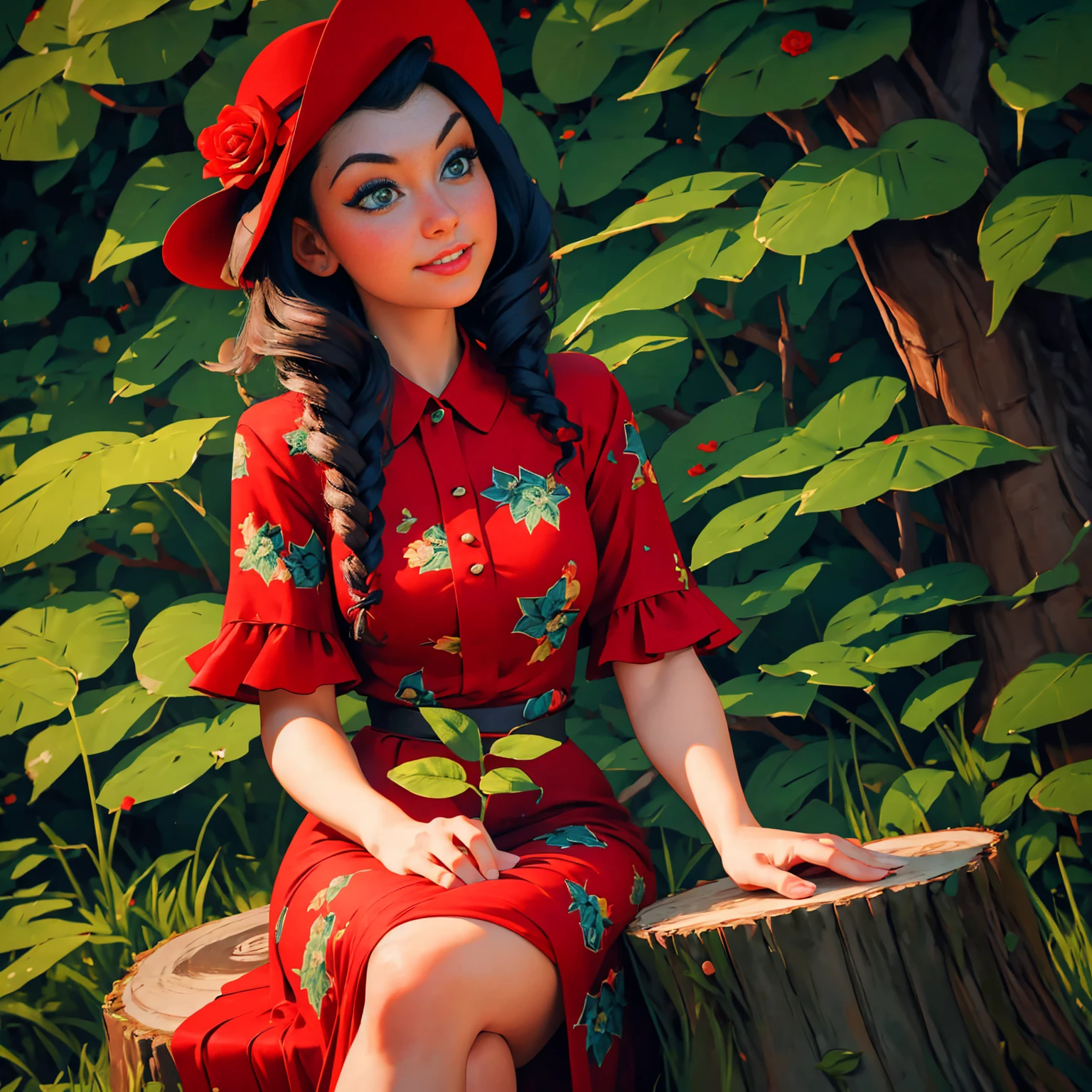 woman sitting on a tree stump wearing a dress and hat, a portrait by Zofia Stryjenska, tumblr, renaissance, pinup style, rockabilly style, romantic dress, dressed in a flower dress, red rose in hair, red floral dress, red dress and hat, rockabilly, floral couture, black and red dress, dressed like in the 1940s
