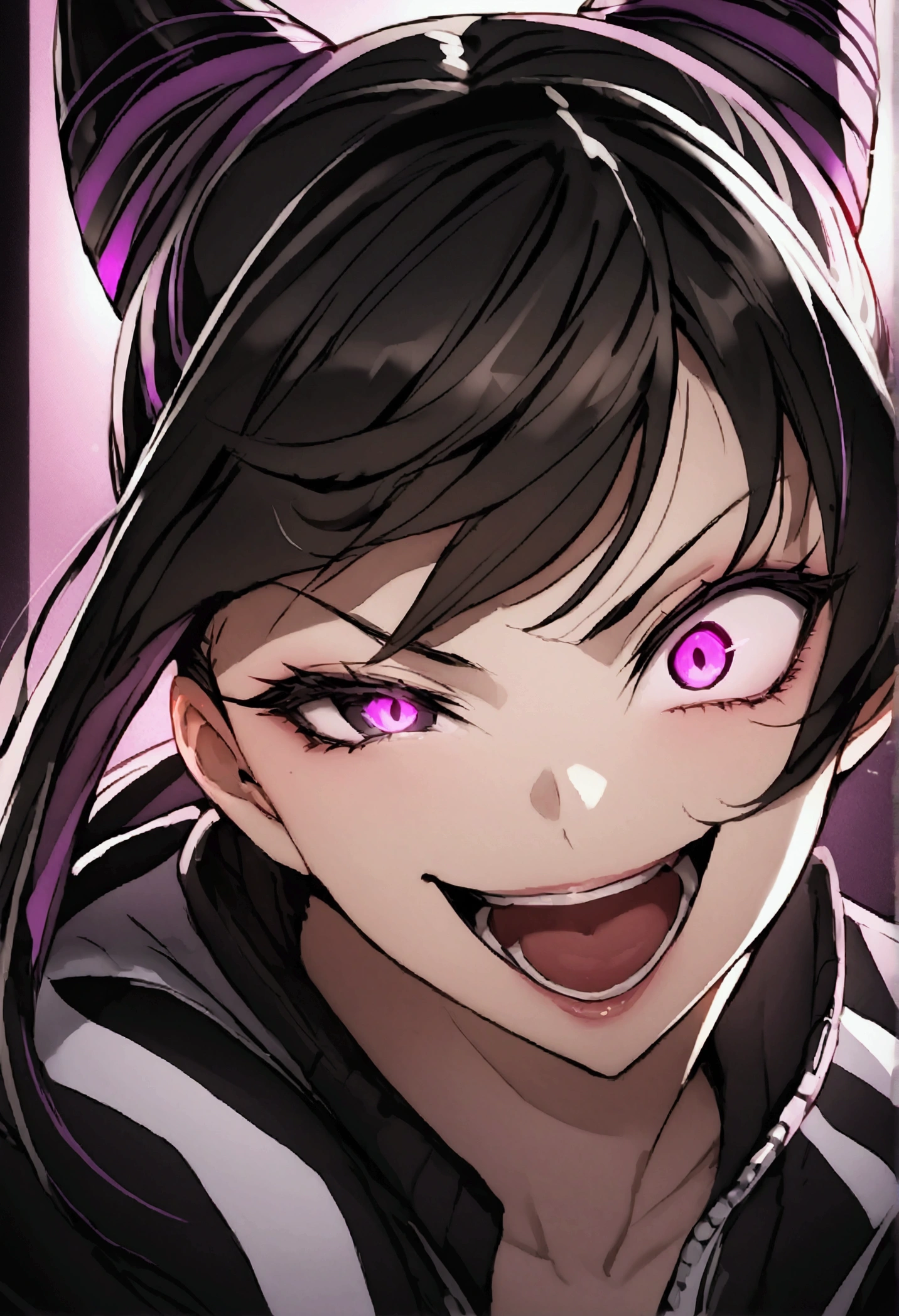 dark eye shadow,shining eyes,beautiful young fitness woman with , in a gym wearing May with black pantyhose, white and black gym jacket. standing alone,hair horns,glowing purple eyes,Evil smile,legging preto ,labiaa,dark eye shadow,shining eyes,close up,open mouth with big evil smile

