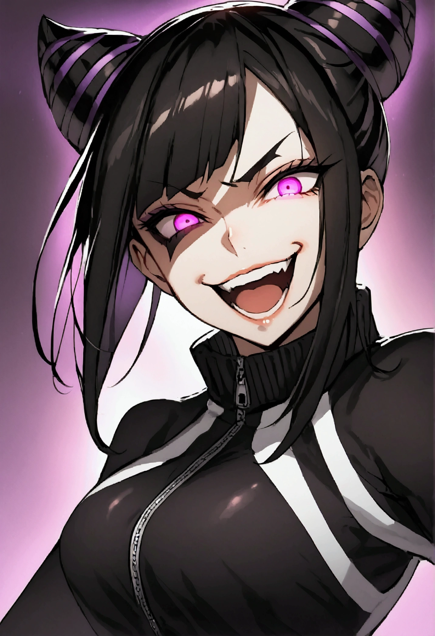 dark eye shadow,shining eyes,beautiful young fitness woman with , in a gym wearing May with black pantyhose, white and black gym jacket. standing alone,hair horns,glowing purple eyes,Evil smile,legging preto ,labiaa,dark eye shadow,shining eyes,close up,open mouth with big evil smile
