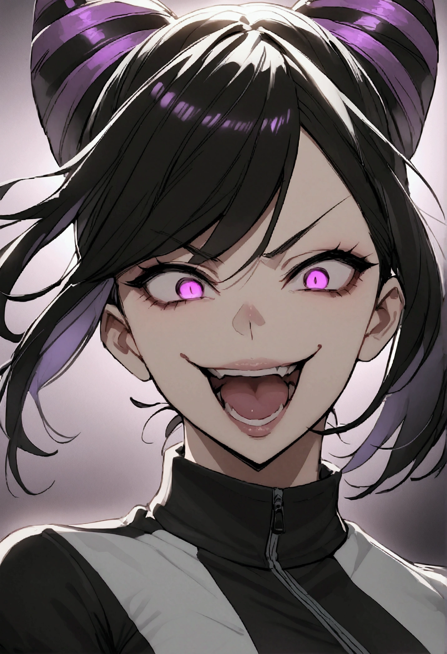 dark eye shadow,shining eyes,beautiful young fitness woman with , in a gym wearing May with black pantyhose, white and black gym jacket. standing alone,hair horns,glowing purple eyes,Evil smile,legging preto ,labiaa,dark eye shadow,shining eyes,close up,open mouth with big evil smile
