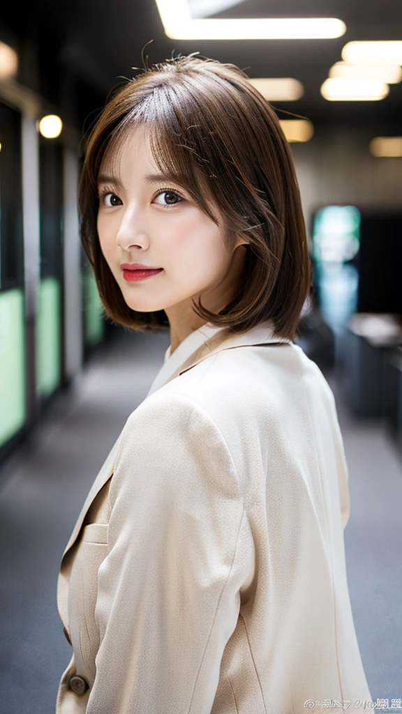 (8k, highest quality, masterpiece: 1.2), Super detailed, highest quality, Ultra-high resolution, Depth of written boundary,(Super detailedな,Caustics),(Photorealistic:1.4,RAW shooting,)Ultra-Realistic Capture,(Very detailed,High definition 16K for human skin,The skin texture is natural,Skin appears even-toned and healthy),(Use natural light and colour,One Woman Wide Lighting,Natural Shading),Japanese,1 woman, Beautiful Eyes, Short, Brown hair, Showing forehead, Mature hairstyle, **White business suit, Facing forward, Upper body facing forward**, Office wear, Office environment, (Natural light:1.4)