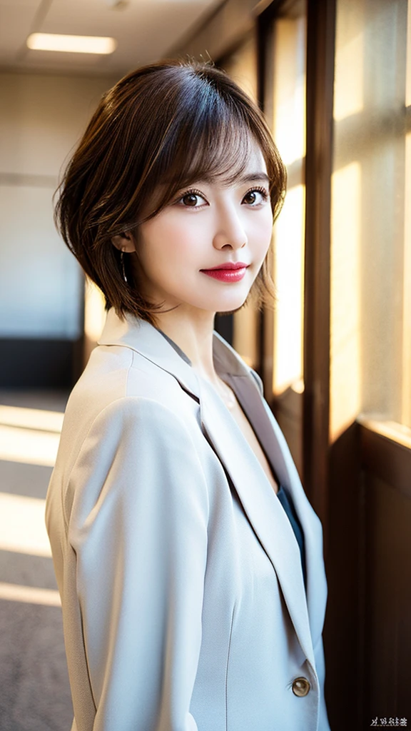 (8k, highest quality, masterpiece: 1.2), Super detailed, highest quality, Ultra-high resolution, Depth of written boundary,(Super detailedな,Caustics),(Photorealistic:1.4,RAW shooting,)Ultra-Realistic Capture,(Very detailed,High definition 16K for human skin,The skin texture is natural,Skin appears even-toned and healthy),(Use natural light and colour,One Woman Wide Lighting,Natural Shading),Japanese,1 woman, Beautiful Eyes, Short, Brown hair, Showing forehead, Mature hairstyle, **White business suit, Facing forward, Upper body facing forward**, Office wear, Office environment, (Natural light:1.4)