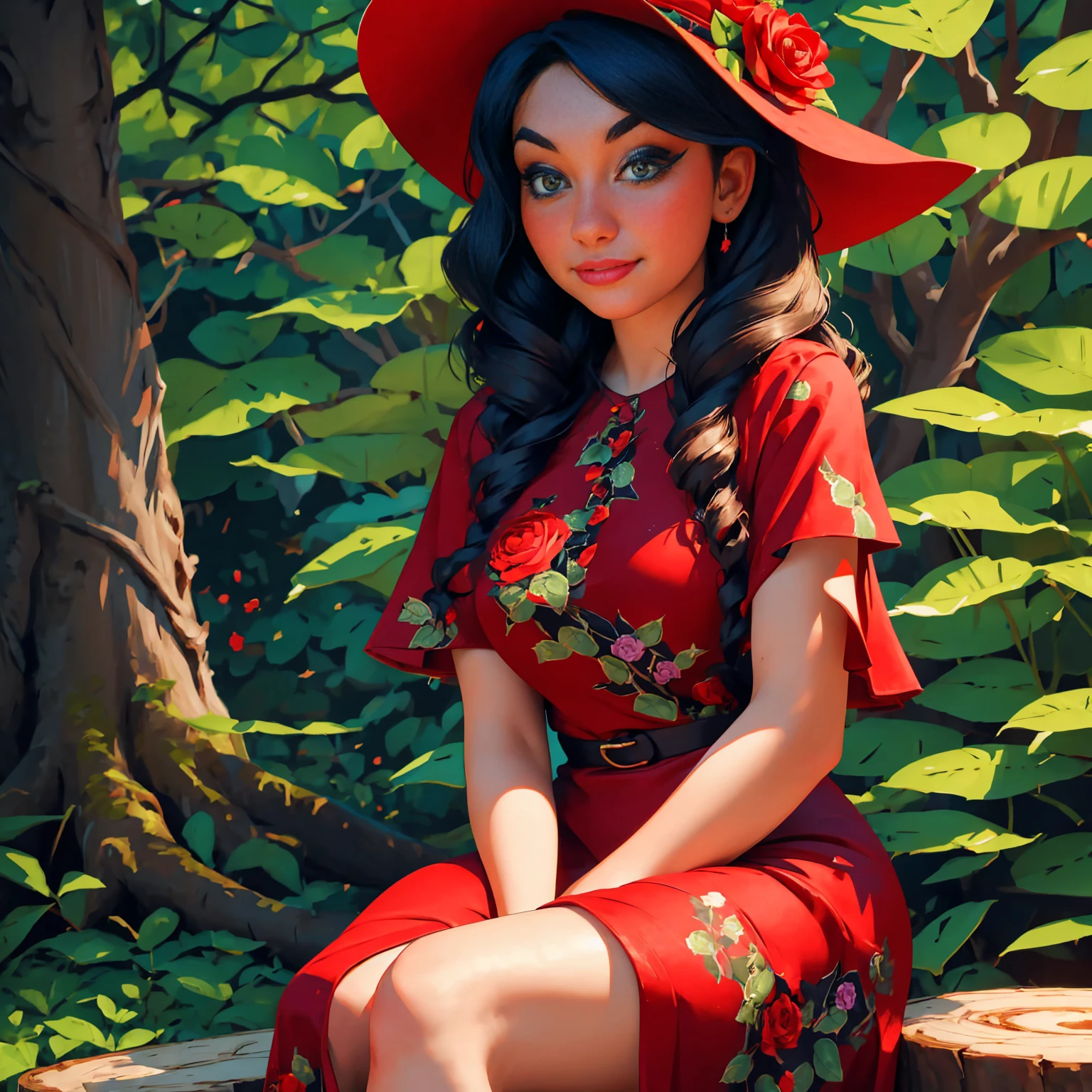 woman sitting on a tree stump wearing a dress and hat, a portrait by Zofia Stryjenska, tumblr, renaissance, pinup style, rockabilly style, romantic dress, dressed in a flower dress, red rose in hair, red floral dress, red dress and hat, rockabilly, floral couture, black and red dress, dressed like in the 1940s