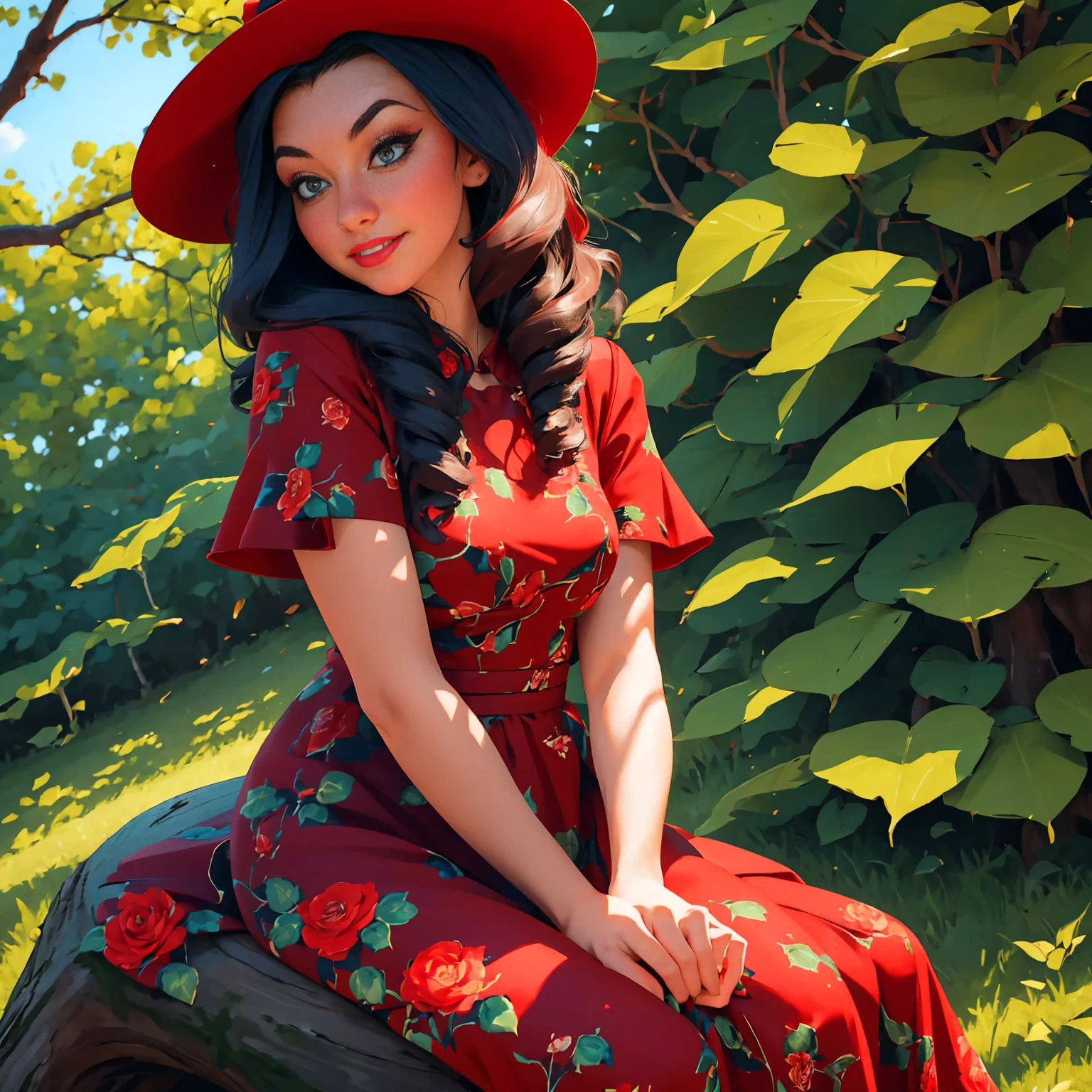 woman sitting on a tree stump wearing a dress and hat, a portrait by Zofia Stryjenska, tumblr, renaissance, pinup style, rockabilly style, romantic dress, dressed in a flower dress, red rose in hair, red floral dress, red dress and hat, rockabilly, floral couture, black and red dress, dressed like in the 1940s