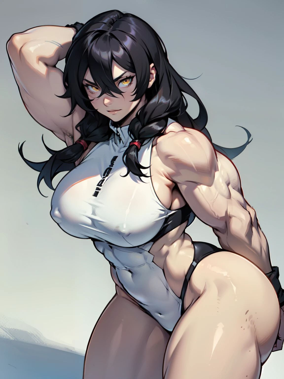 black hair yellow eyes pale skin long hair hair between eyes voluminous hair muscular girl thick thick thick breasts