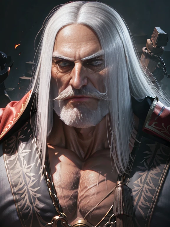 (evil man:1.1, sexy, strong, very gigantic, monumental, colossal:1.1, growing, bigger than the universe, blue eyes, wrinkles, veins, long gray hair, thick gray moustache, full gray beard, crushing planets with his muscles, swallowing planets whole), oil painting, detailed facial features, intense gaze, muscular build, rugged appearance, dark and sinister atmosphere, fiery red color palette, dramatic lighting, Long gray hair, bushy gray eyebrows, black skin, dark olive skin color, blue eyes, nose with pronounced bridge and outward curve that protrudes from the base of the nose, oiled skin, absurdly huge nose, hawk nose, big old man nose, convex nose, well groomed moustache, (80 years old daddy), enormous nose, eagle like nose, veins, sharp well groomed beard
