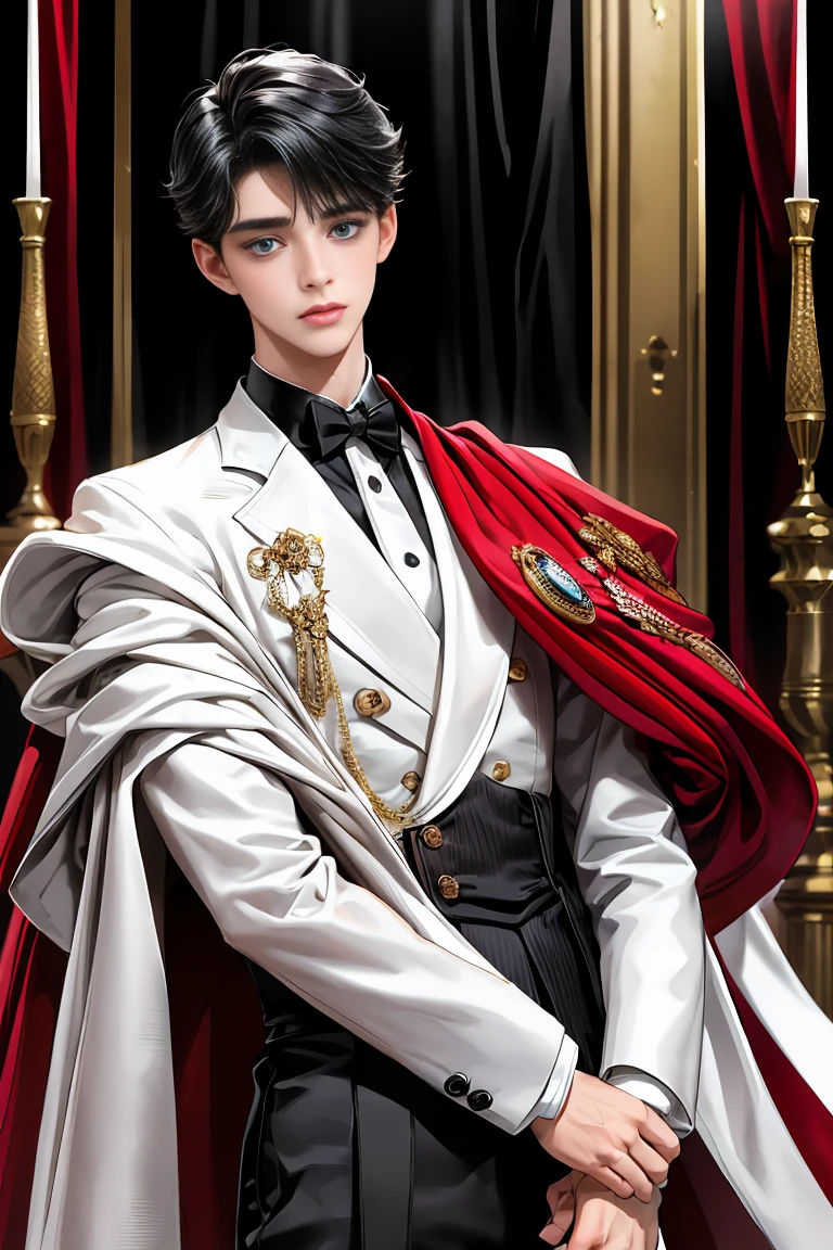 
masterpiece, 最high quality, high quality, 1 boy, alone, Male focus, Watching the audience,  Messy black hair, Adorable big blue eyes, White, Noble, Noble,A sexy, voluminous, puffy cape、tuxedo、A very voluminous, large, very large, very large, long, long red and black cape with a high stand-up collar, made of a lot of fabric that reaches down to the floor., 17 years old,Cute beautiful boys,Cute, cute, kind, handsome guy