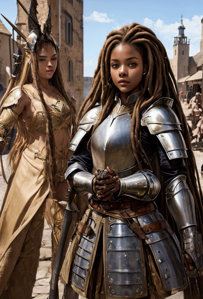18 year old brown female、Beauty、Blonde、Blonde、Warrior in armor、Completely naked、Dreadlocks、background Medieval port town、High quality p