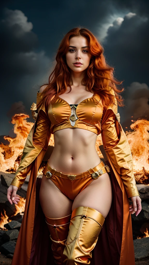 "Transport yourself into a world of fantasy with this visually striking digital artwork, showcasing a powerful female figure with fiery orange locks and a regal golden outfit, set against a backdrop of flames."