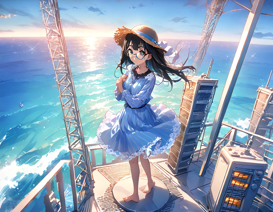 White and light blue striped shirt、Light blue long flared skirt、The wind blows and my skirt flips up、Showing off cute white lace underwear、barefoot、Long Black Hair、Glasses、Straw hat、Standing at the top of a very tall radio tower、Surrounded by the sea、The sea stretches to the horizon、Sea and blue sky