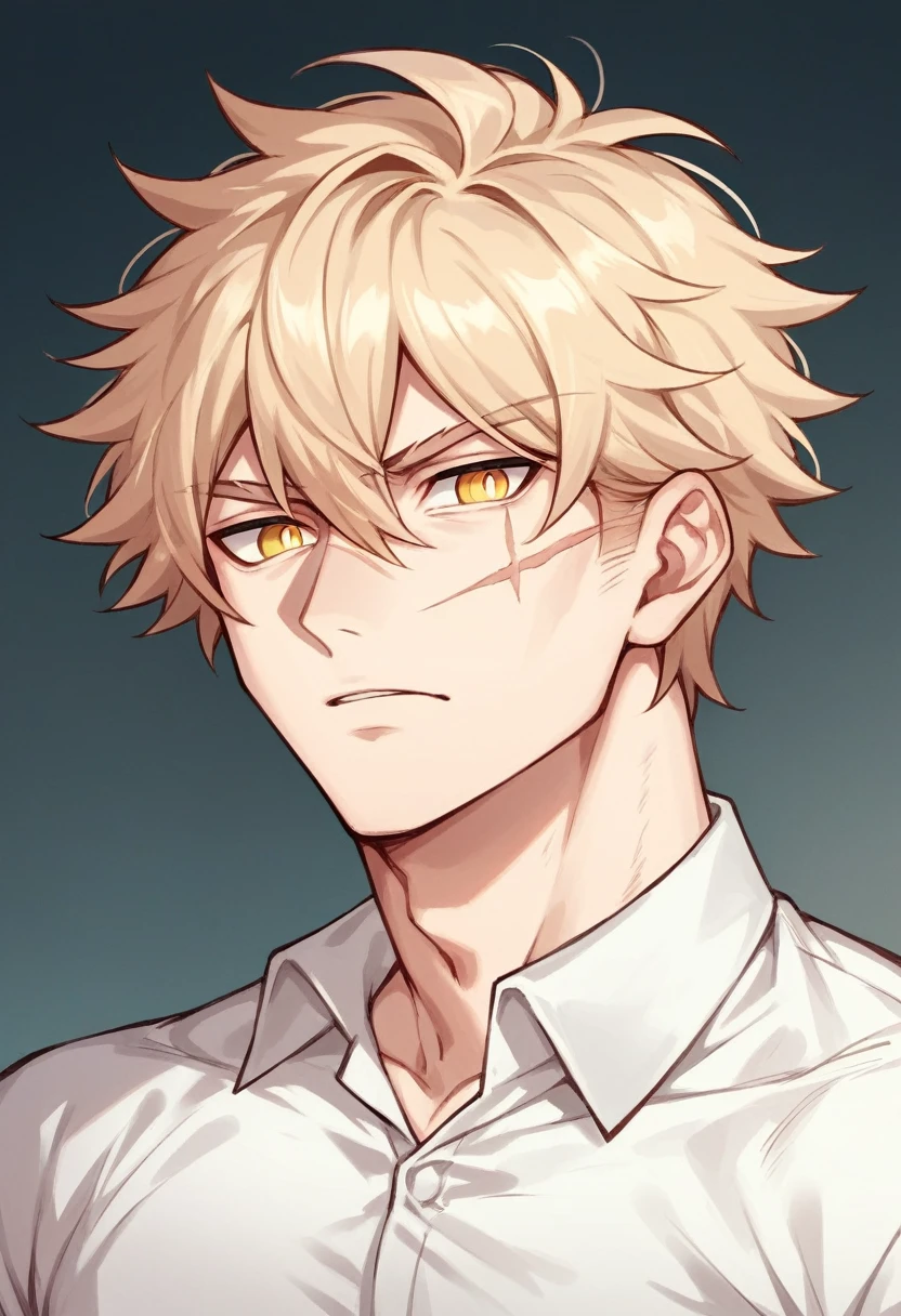 Human Male, hair Style , yellow pupils , scar on eye , white shirt , 