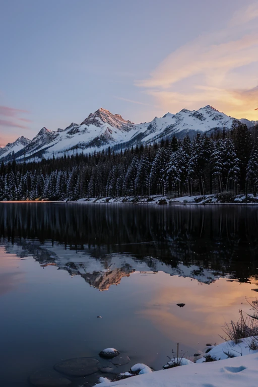 A sunset on a lake with snowy mountains in the background