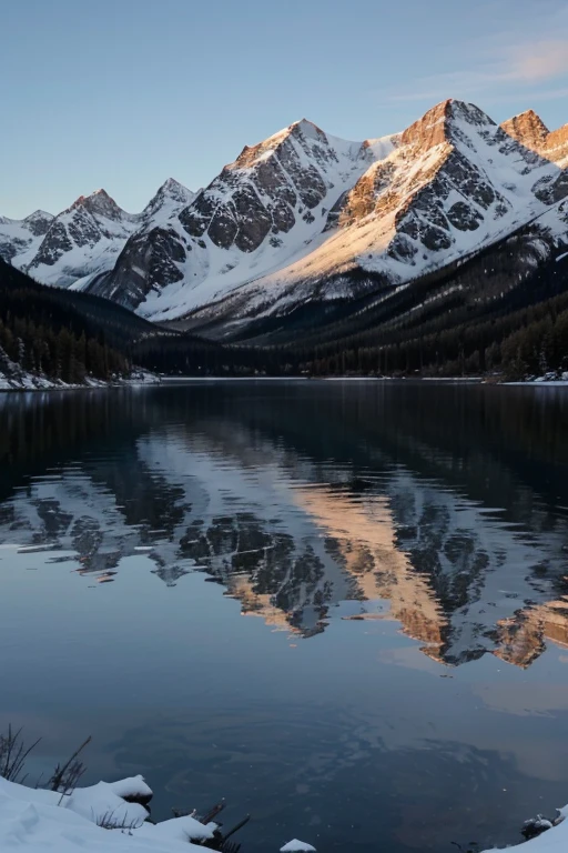 A sunset on a lake with snowy mountains in the background