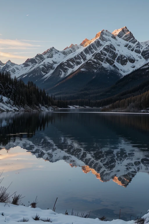 A sunset on a lake with snowy mountains in the background