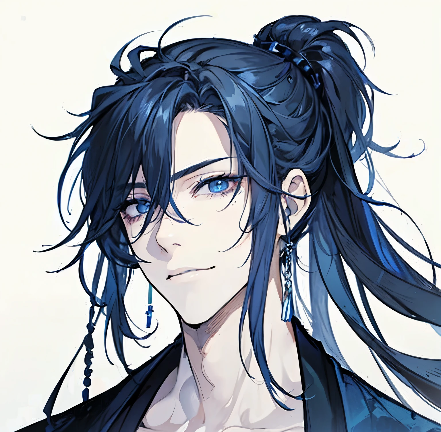 Highest quality、Highest quality、Dark blue hair and sharp black eyes、ponytail、Beautiful adult man、smile、Japanese style、manly