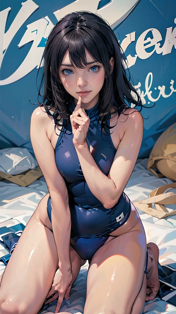 Kneeling with a blue bikini and with her mouth open about to eat a long sandwich, her hair is dark blue-black and her eyes are white.