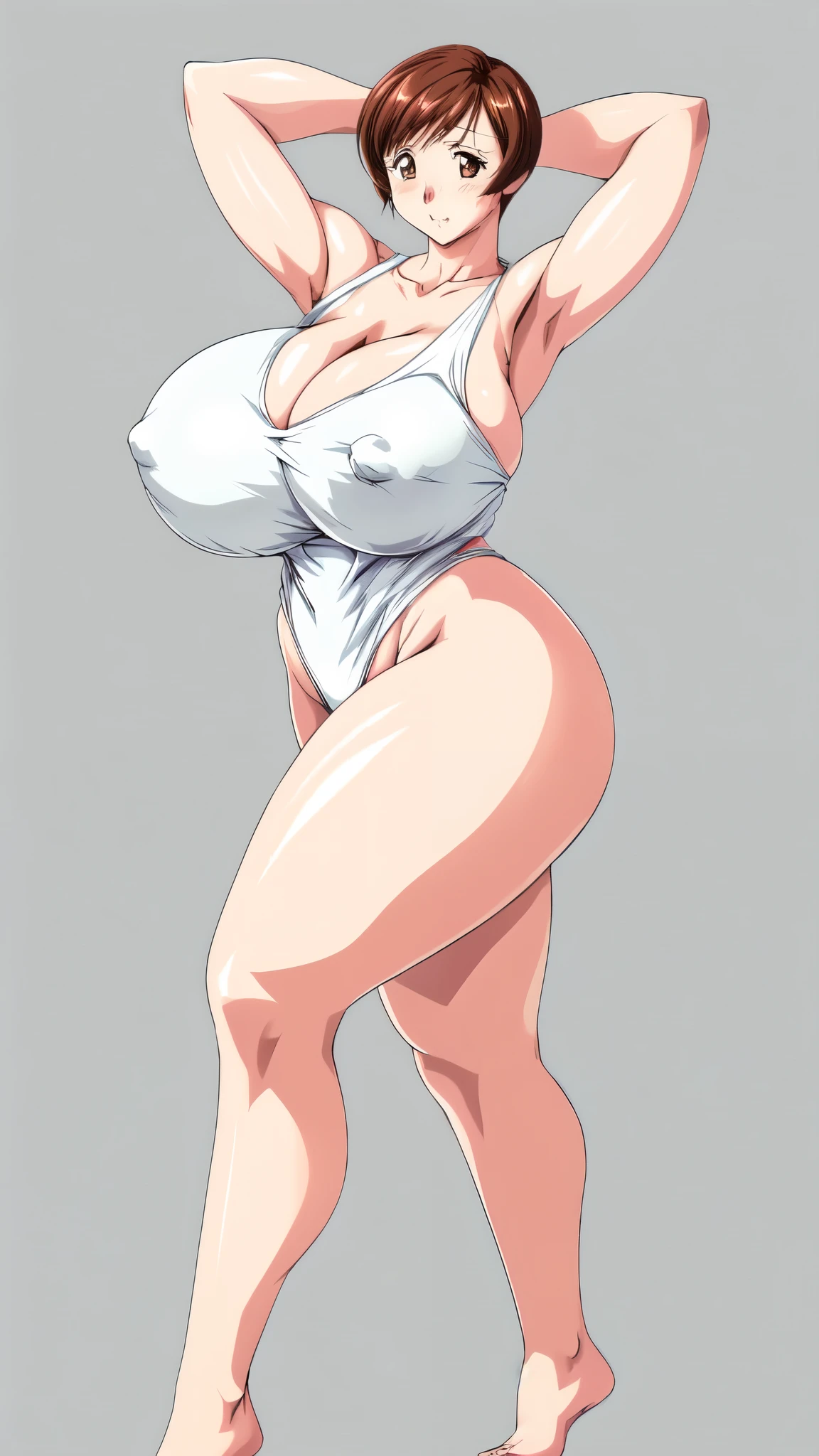 masterpiece, highest quality, High resolution, 1girl, solo, sexual intercourse, Pornographic images, short hair, etsukoto, brown Eyes, fine grain, fine grain, (((Thick thighs, Plump thighs, Voluptuous thighs, Thighs alone are enough))), Huge and ample breasts, Cleavage, big long breasts, Naughty big,((big breasts are important))、((Naughty thighs)), L Cup, (thin:1.4),(Tight waist:1.4),  (white swimsuit:1.4), (((Simple Background))), looking away, ((Wide Hips)), Shiny, Oily skin, Mature mother, Calf, Seductive mature woman, milf, Perfect body, Plus Size Model, curvy, ample, etsukoto, blush, clavicle, retro artstyle, 1990s (style), (thick thighs:1.4), bursting breasts, (from side:0.8), ((arms up)), full body,