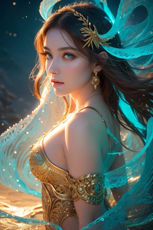 This is a realistic fantasy art piece featuring a realistic Goddess of Light, Beautiful fractal art,A faint swirl of smoke, And the beautiful Nordic goddess makes for an interesting composition.。. Her face is expertly sculpted, Elegant and sophisticated features with perfect shading and realistic skin texture. Her upper body (Turquoise and baby pink eyes) is a wonderful thing、Her aura of light is the focal point of this image.. (Her eyes are extremely detailed, Beautiful attention to detail, macro). 彼女 eyes feature intricate detailing with clearly defined irises and bright sclera. She is wearing a long dress with a classic pattern.,Long sleeve,詳細で宝stoneで作られたドレス,soft lips are smooth and very puffy, Her skin is pale flushed and adorned with gorgeous classical patterns.. 彼女 long gown is stunning and expensive, Made of pure flame and brilliant light,光の中できらめく華やかな宝stone. 彼女 billowing gown glitters from the flames and features a delicately and intricately embroidered bodice with wisps of flames running across it. Include fantasy elements such as bumps, stone, Fiery Iris, silk, And an interesting background. Include magical creatures such as birds and butterflies that give off a magical and mystical aura.. Lighting: Enhance your artwork with the latest lighting trends. camera: Use dynamic composition to create tension and excitement. Take inspiration from current masters of the fantasy genre, Including popular artists on Artstation and Midjourney. ((masterpiece))